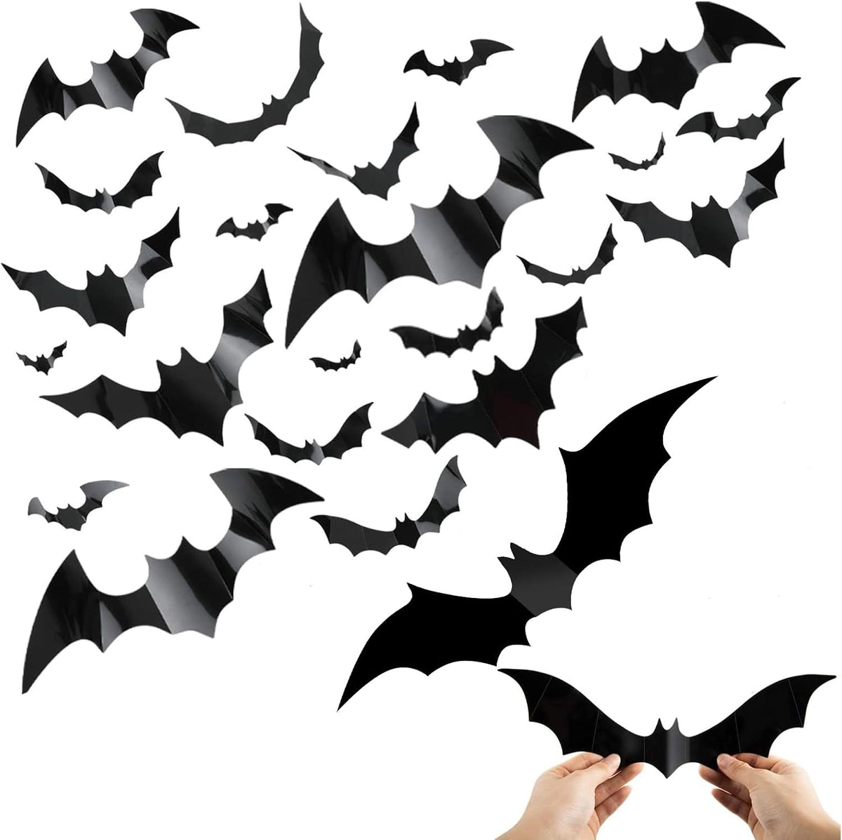 GoldRock 3D-fladdermusdekorationer för halloween, 32 stycken väggklistermärken i 4 olika storlekar, av vattentät PVC, läskig svart, avtagbar fladdermus i set för gör-det-själv-dekoration för