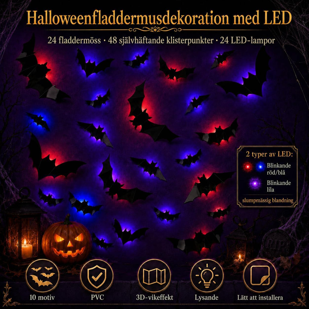 24 Glowing 3D Halloween Bats – Outdoor Decoration for Doors & Windows