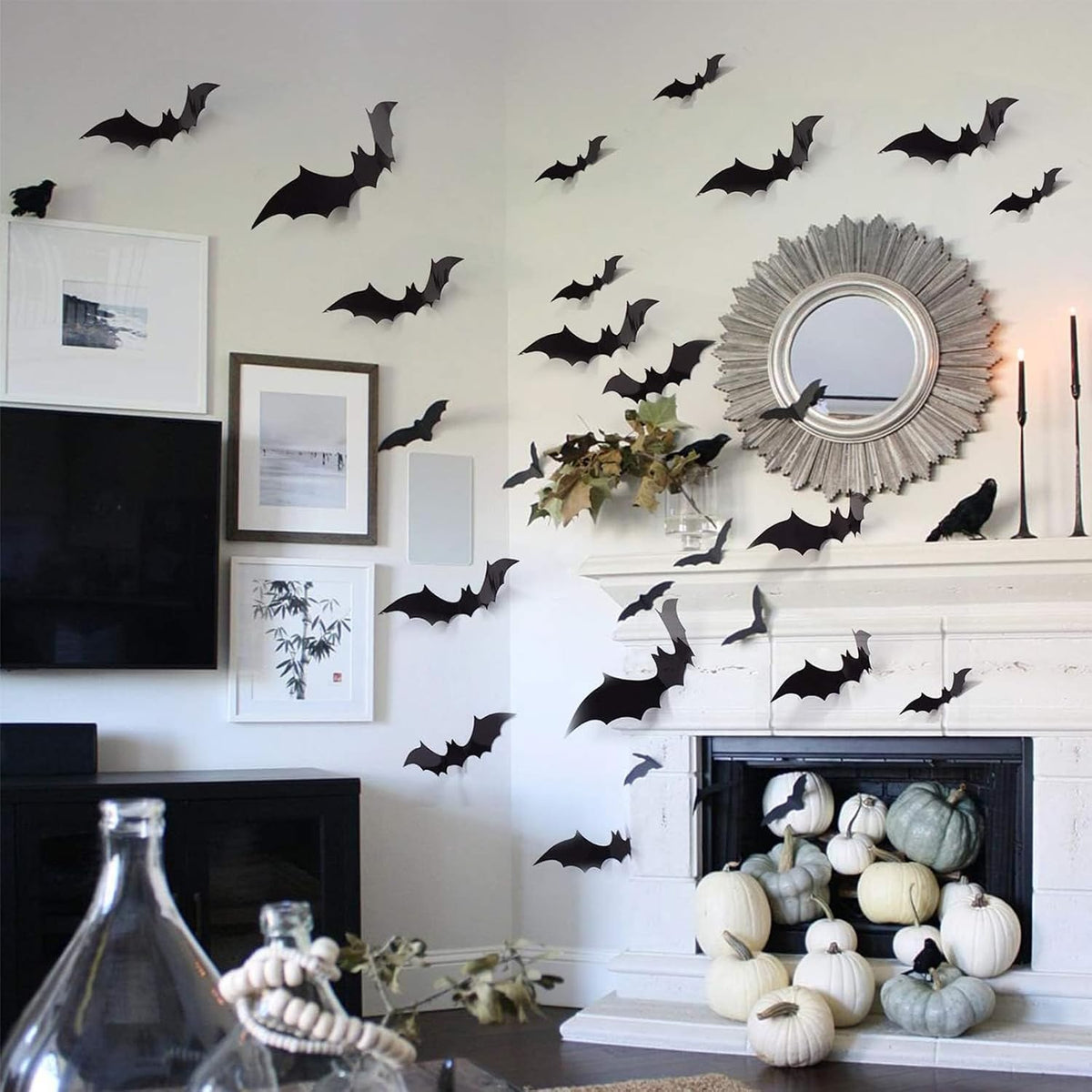 GoldRock 3D-fladdermusdekorationer för halloween, 32 stycken väggklistermärken i 4 olika storlekar, av vattentät PVC, läskig svart, avtagbar fladdermus i set för gör-det-själv-dekoration för