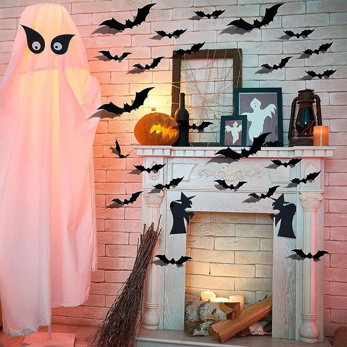 GoldRock 3D-fladdermusdekorationer för halloween, 32 stycken väggklistermärken i 4 olika storlekar, av vattentät PVC, läskig svart, avtagbar fladdermus i set för gör-det-själv-dekoration för