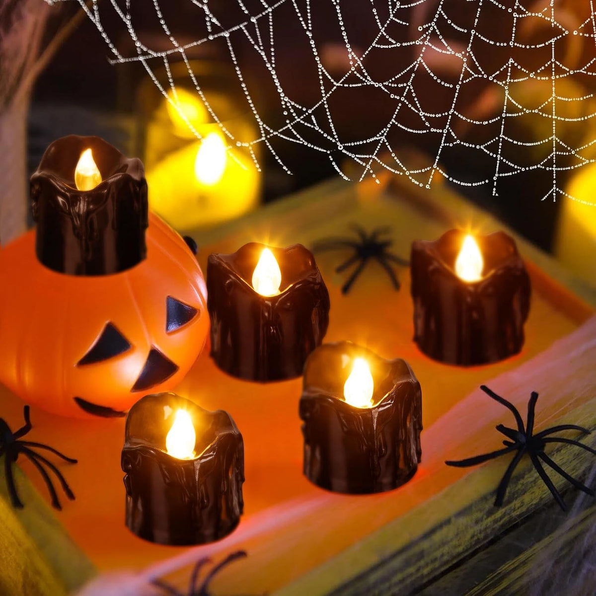 12 st flamlösa LED-värmeljus, svart halloweendekor, batteridrivna lamplyktor, falska ljus, festdekorationer inomhus