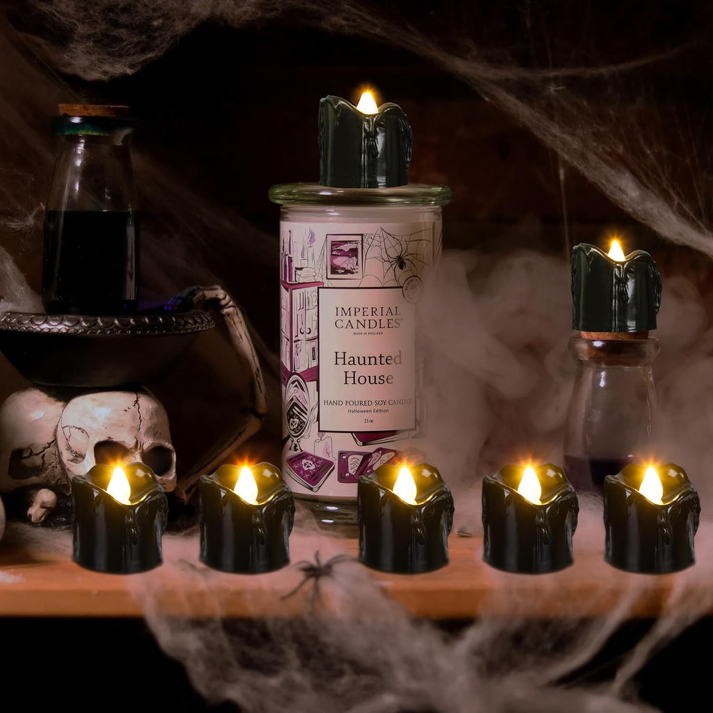 12 Pack Flameless LED Tea Light Candles, Black Halloween Decor, Battery Operated, Indoor Party Decorations
