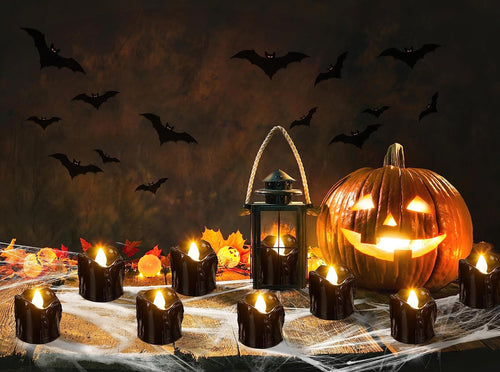 12 st flamlösa LED-värmeljus, svart halloweendekor, batteridrivna lamplyktor, falska ljus, festdekorationer inomhus