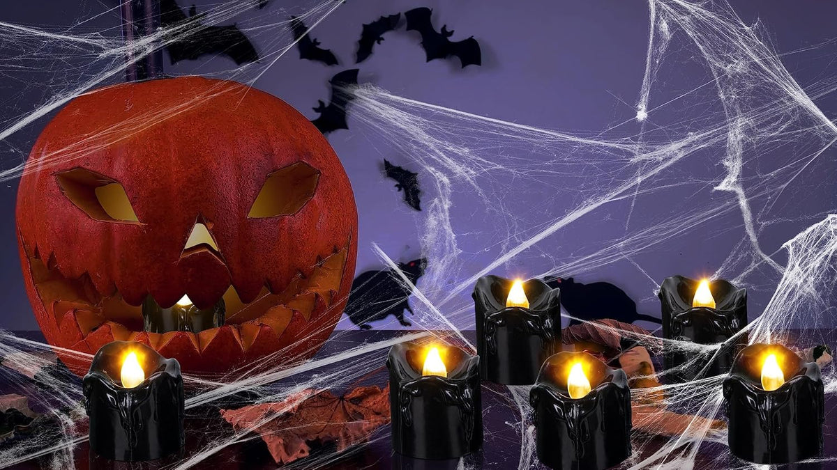 12 st flamlösa LED-värmeljus, svart halloweendekor, batteridrivna lamplyktor, falska ljus, festdekorationer inomhus
