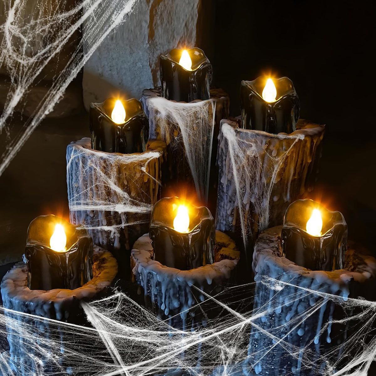 12 st flamlösa LED-värmeljus, svart halloweendekor, batteridrivna lamplyktor, falska ljus, festdekorationer inomhus